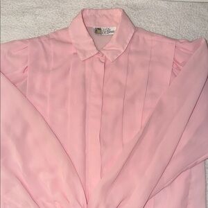 VTG LaBlouse Pleated Pink Sheer Button Down Blouse Puff Sleeve Secretary 80s